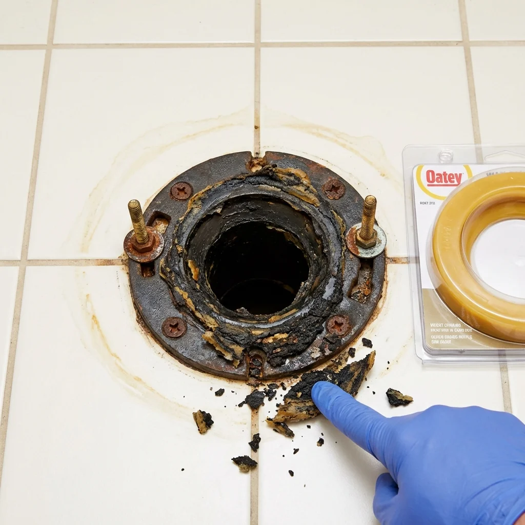 Failed wax ring showing water seepage at the base of a toilet in a Independence, WI home
