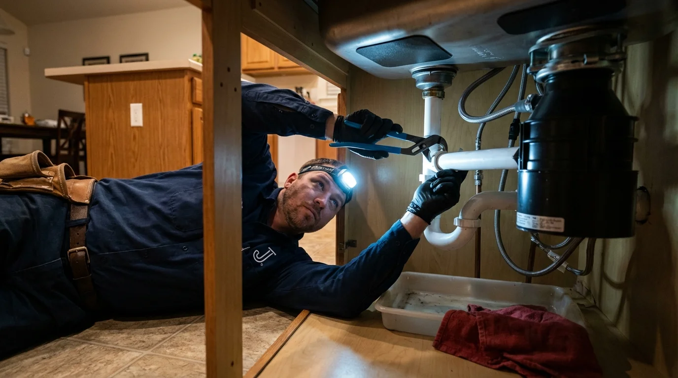 P-trap and supply line connections under a kitchen sink showing a common leak point in Independence, WI